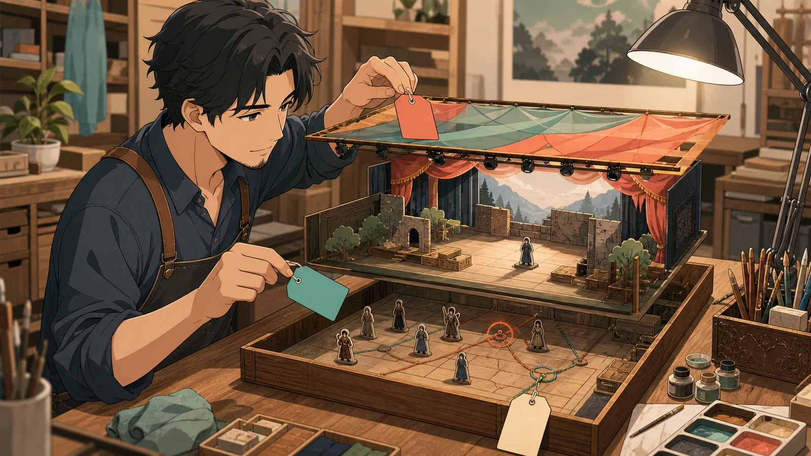 A creator inspecting three layers of one miniature scene