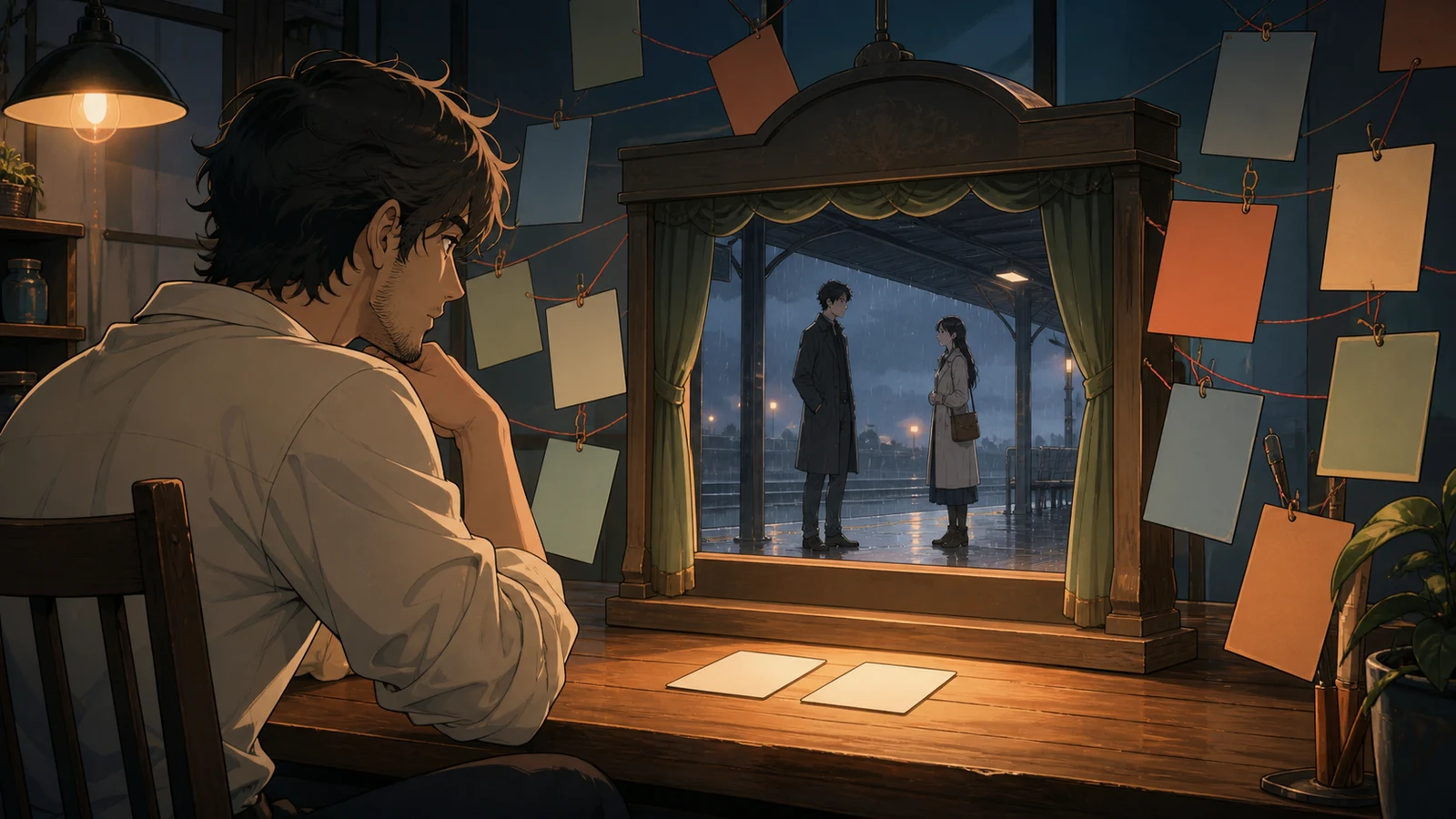 A selected story scene becomes playable on a small tabletop stage