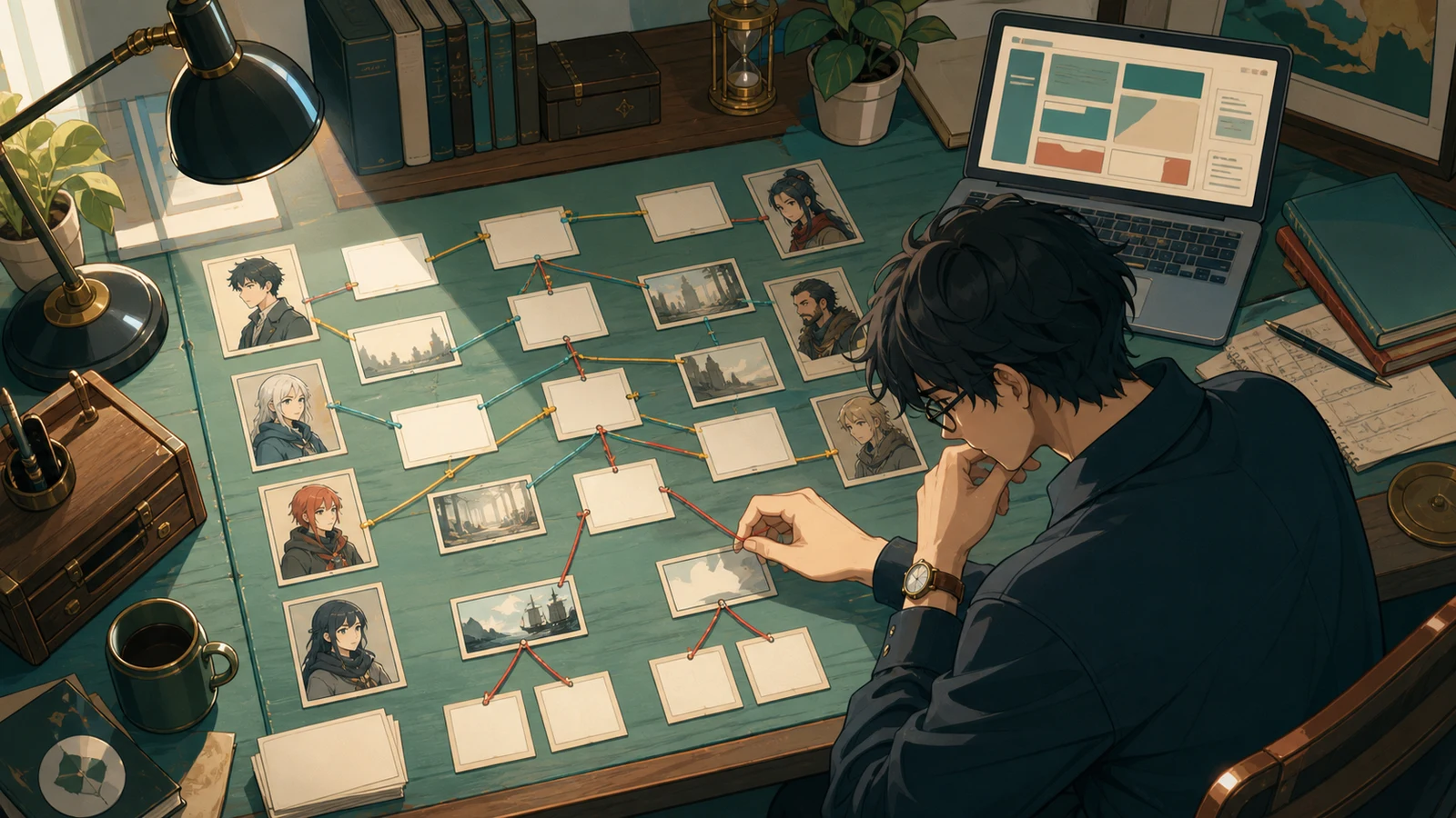 An adult creator traces a branching story through connected scene cards