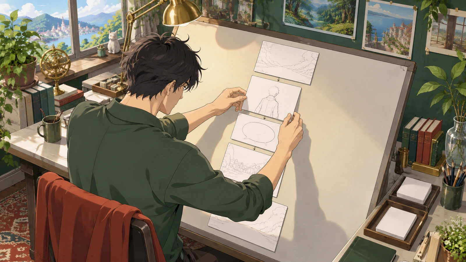 A creator polishing one ordered sequence of scene cards