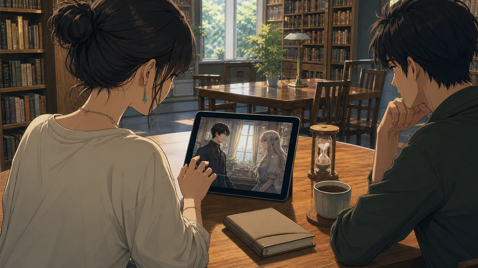 A creator quietly observing while a reader pauses in a scene