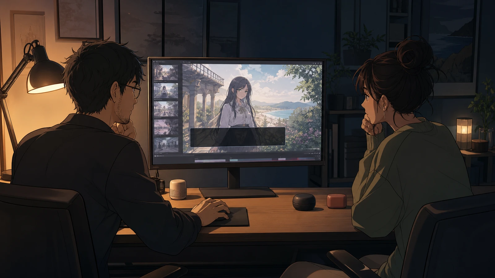Two creators previewing complete scenes and listening to their transitions