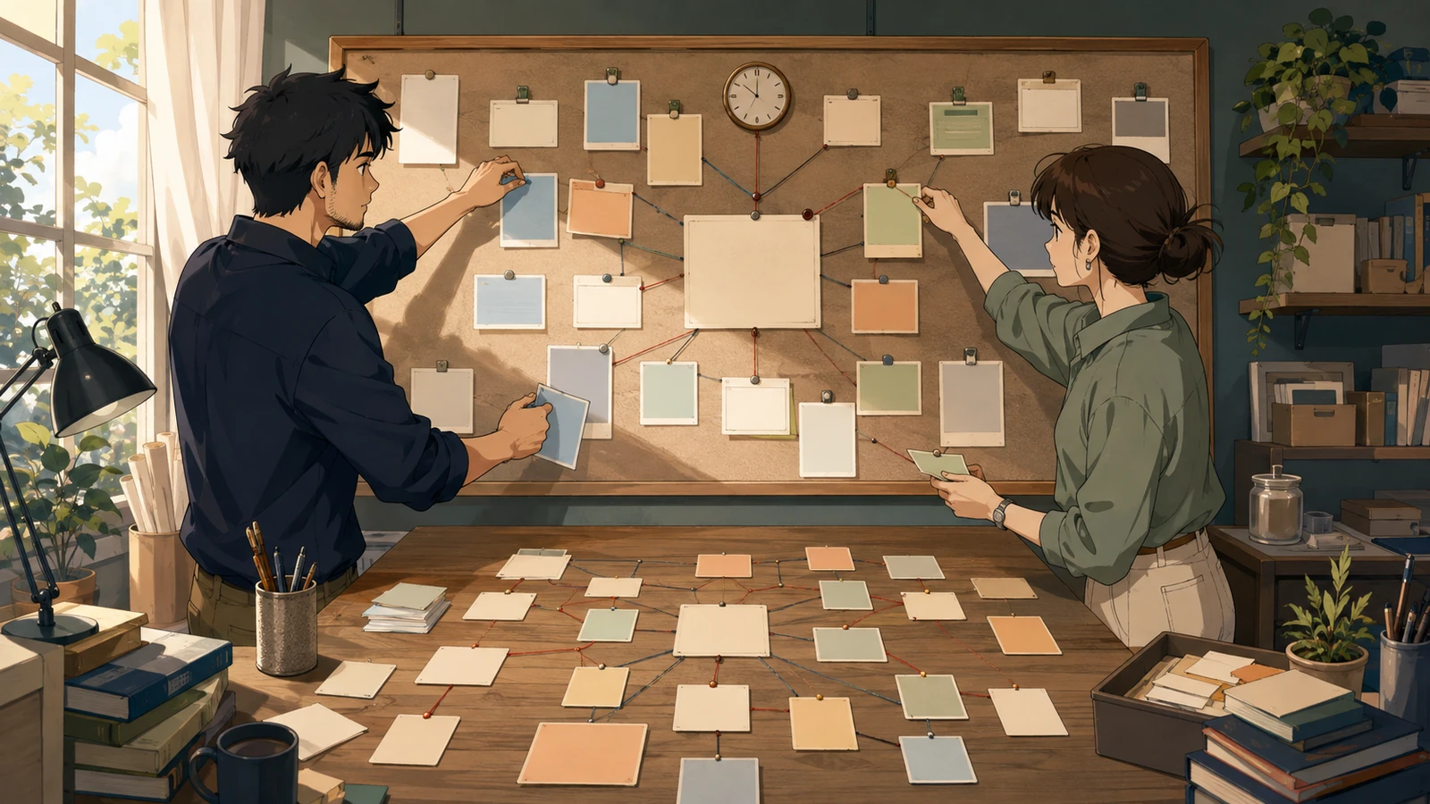 Two adult creators maintaining a blank-card reference board beside a branching story