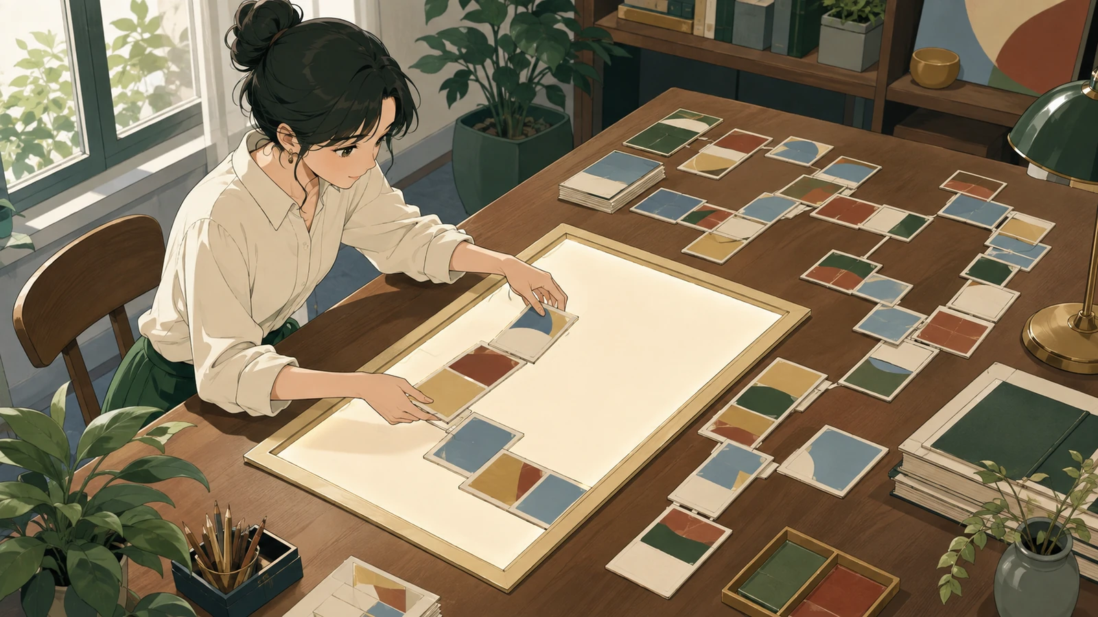 An adult creator selecting one connected cluster from a long branching story