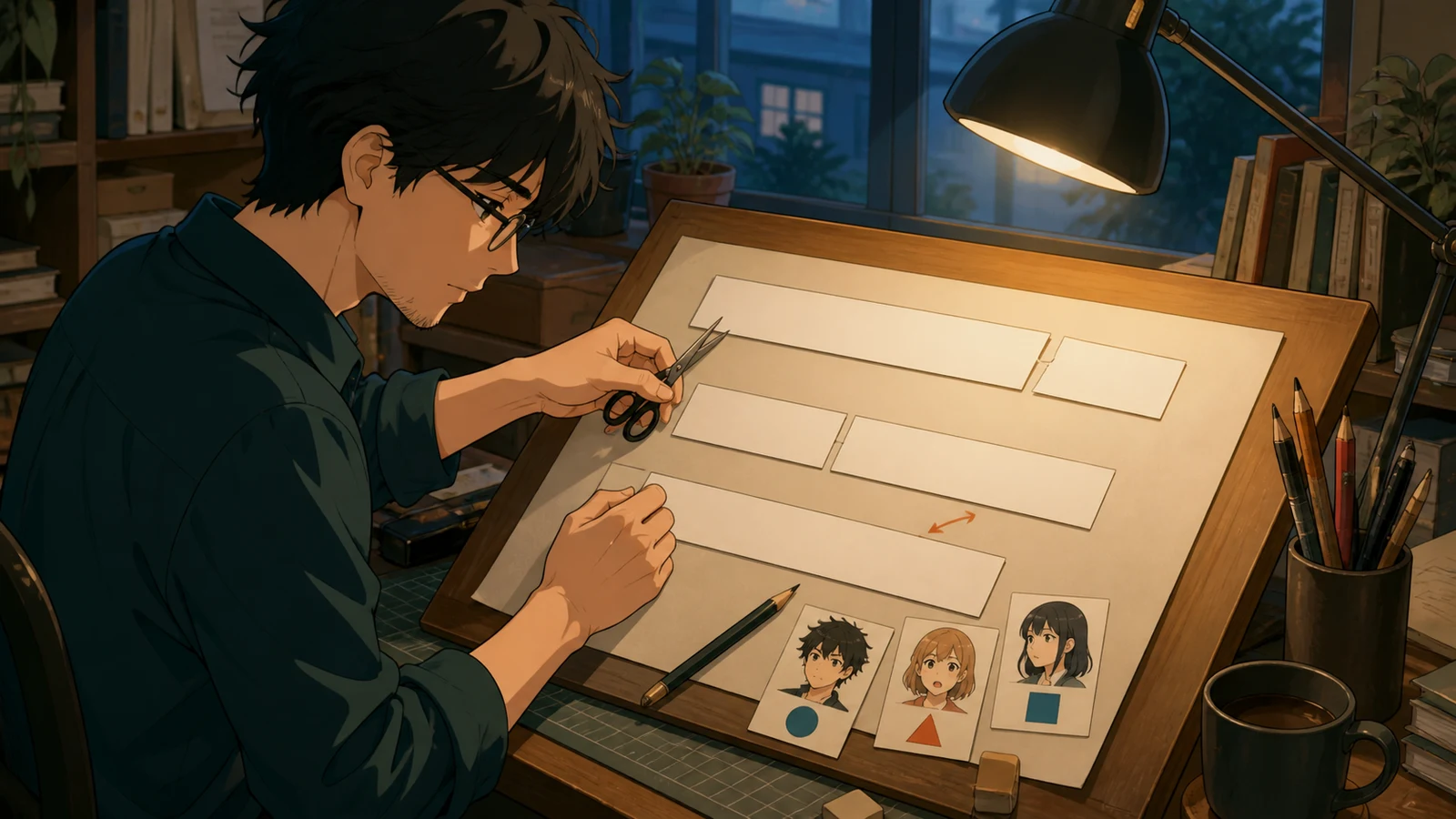 A writer repairing dialogue with distinct character reference cards