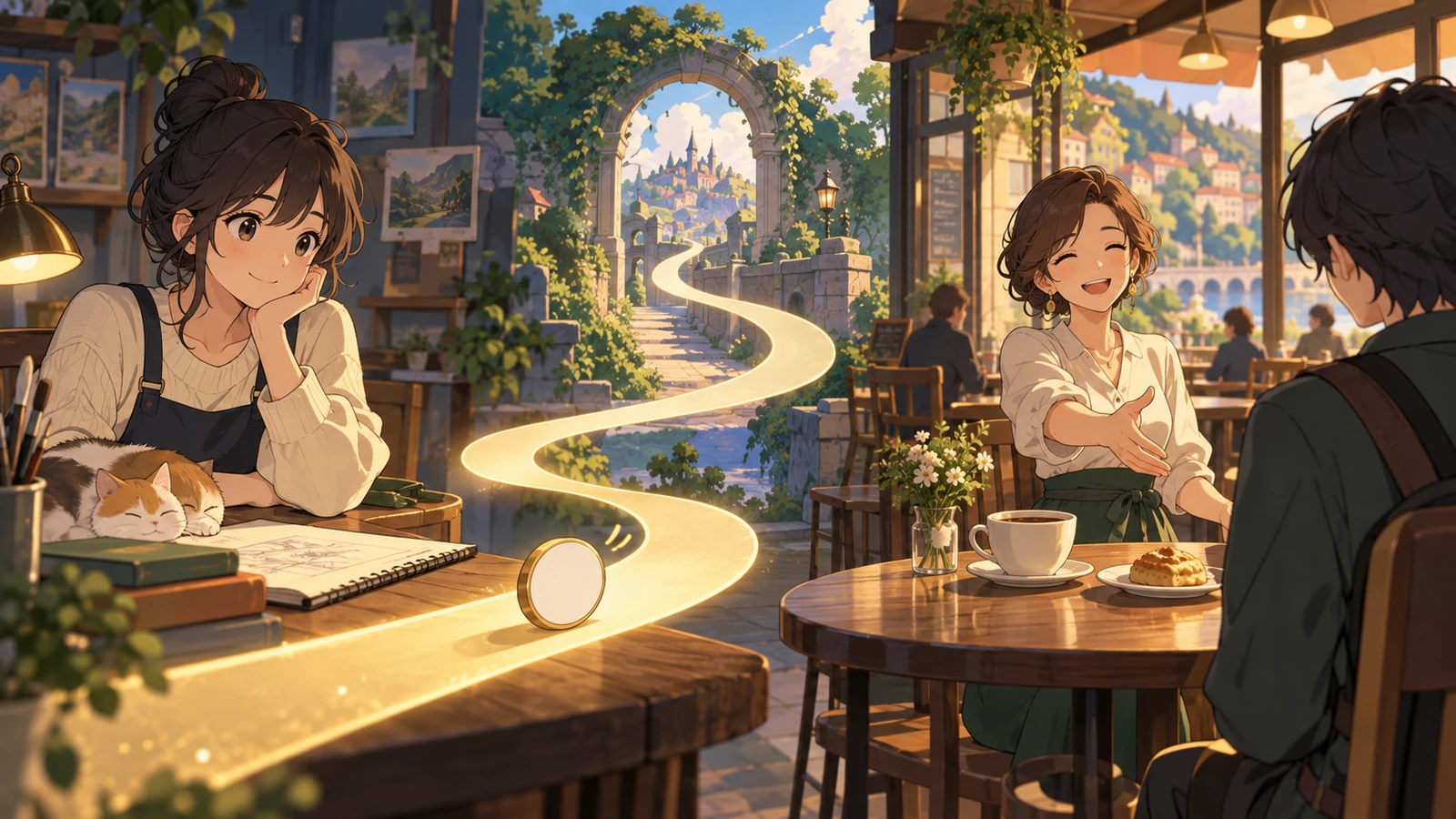 A blank identity token travels from the story entrance into the correct later conversation