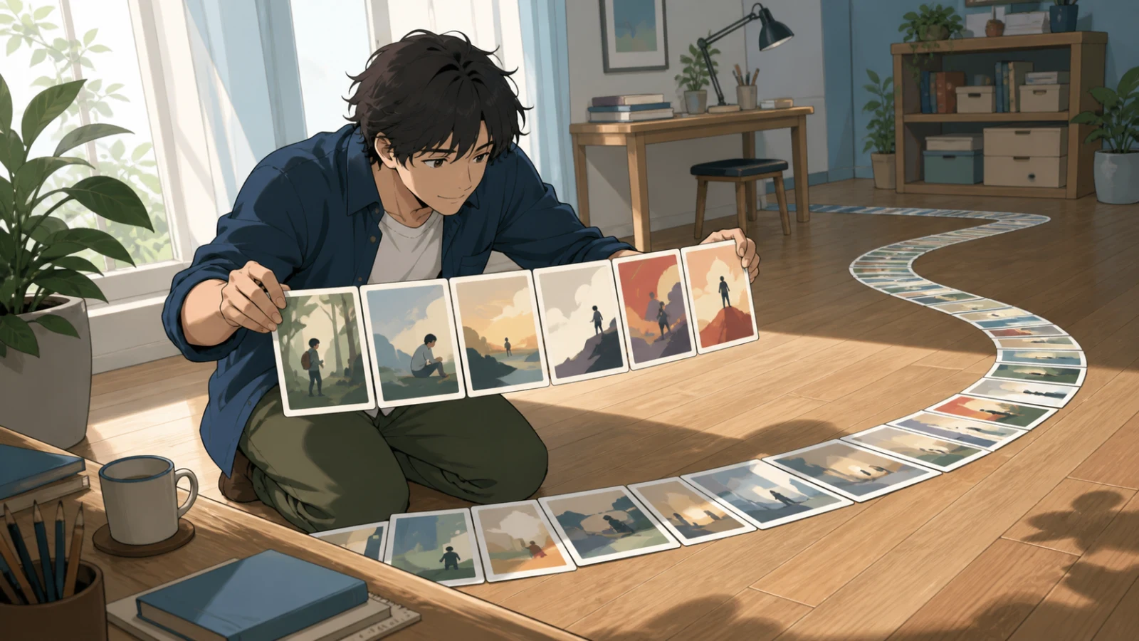 A creator selecting one complete arc from a longer trail of scene cards