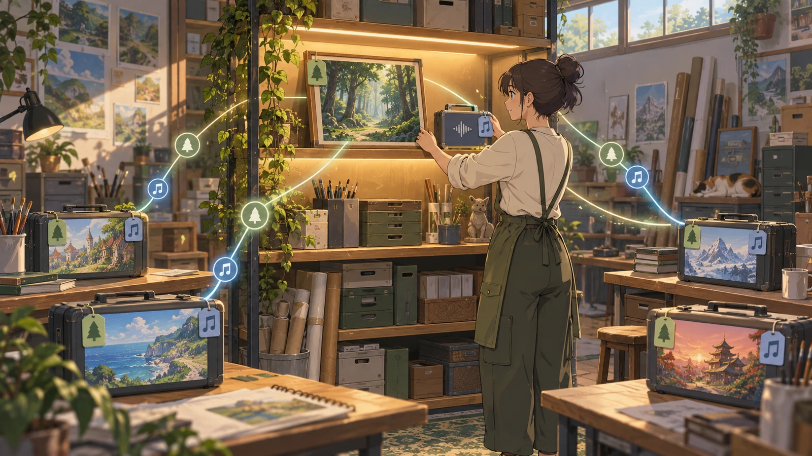 A creator organizing reusable materials in a personal archive