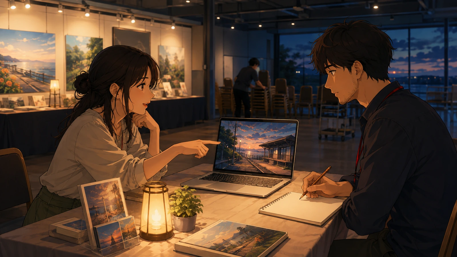 A creator keeps listening to a reader while the exhibition hall closes for the evening