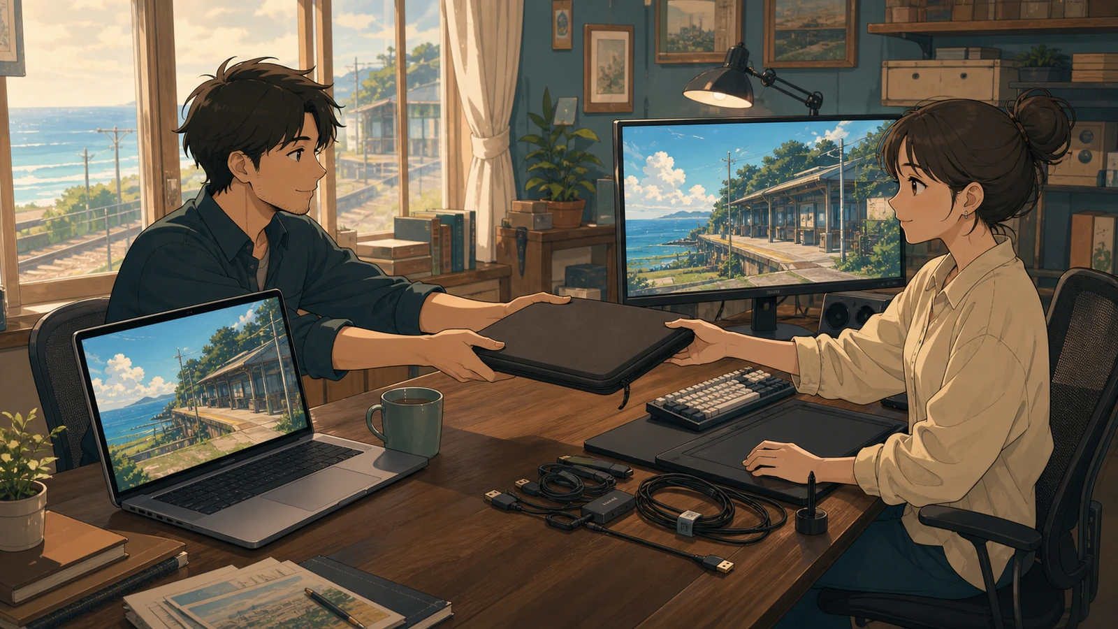 A creator hands the project to a collaborator preparing the PC distribution stage