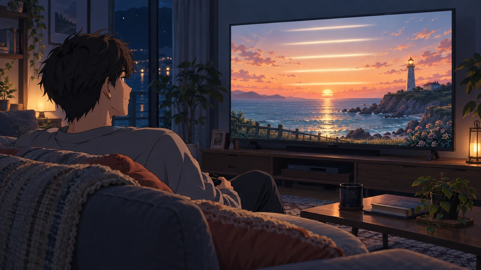 A player at night watches a quiet seaside ending screen with soft rolling light as the story closes