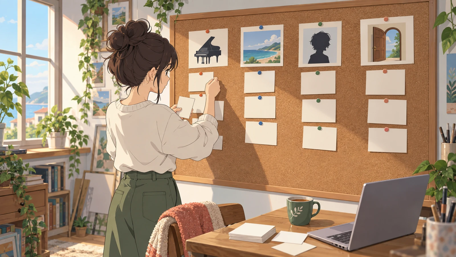 A creator sorts cards for music, backgrounds, characters and sounds on a wall board before writing credits