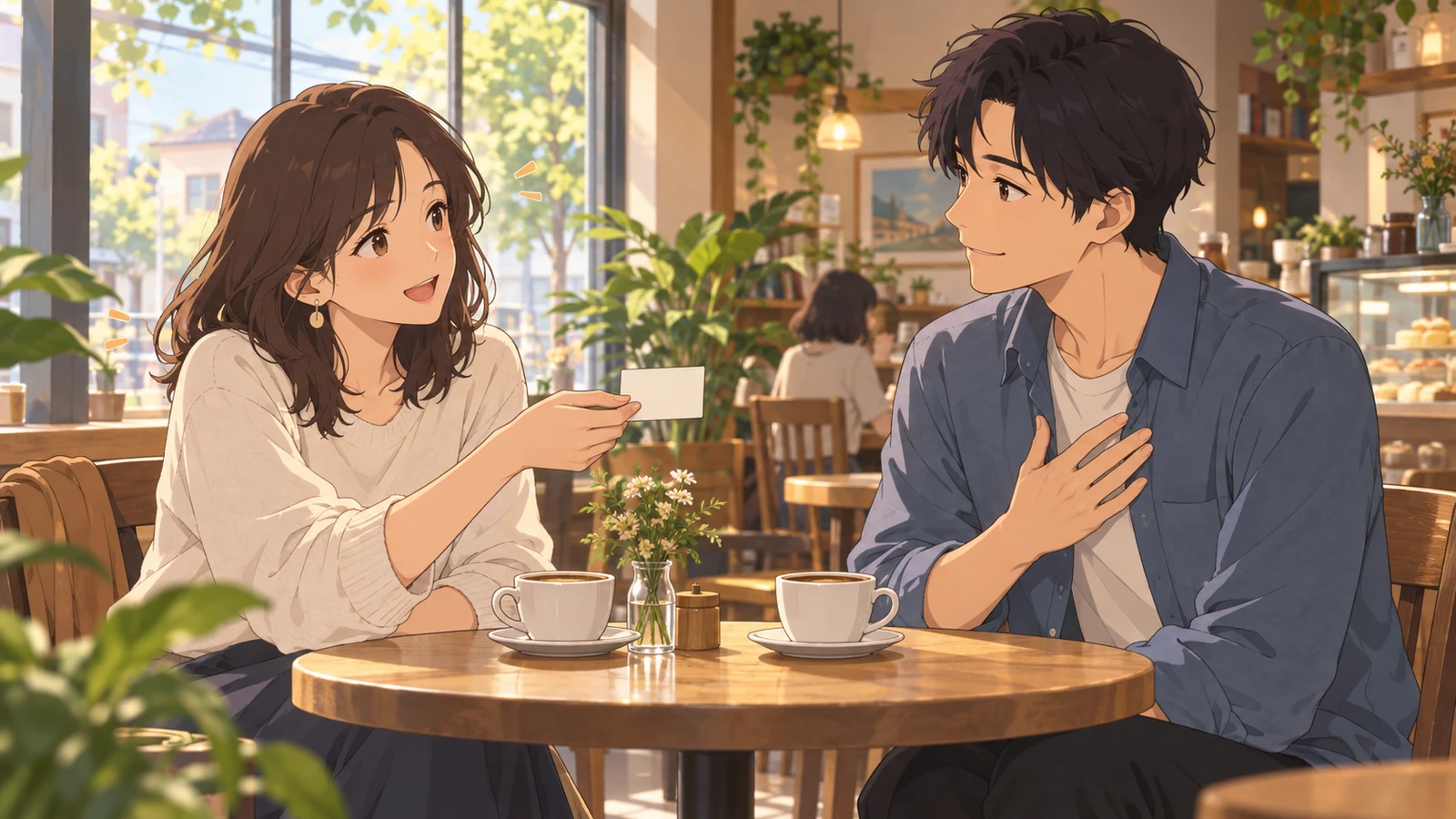 Two adult friends talk at a cafe table as one agrees to be named in the credits