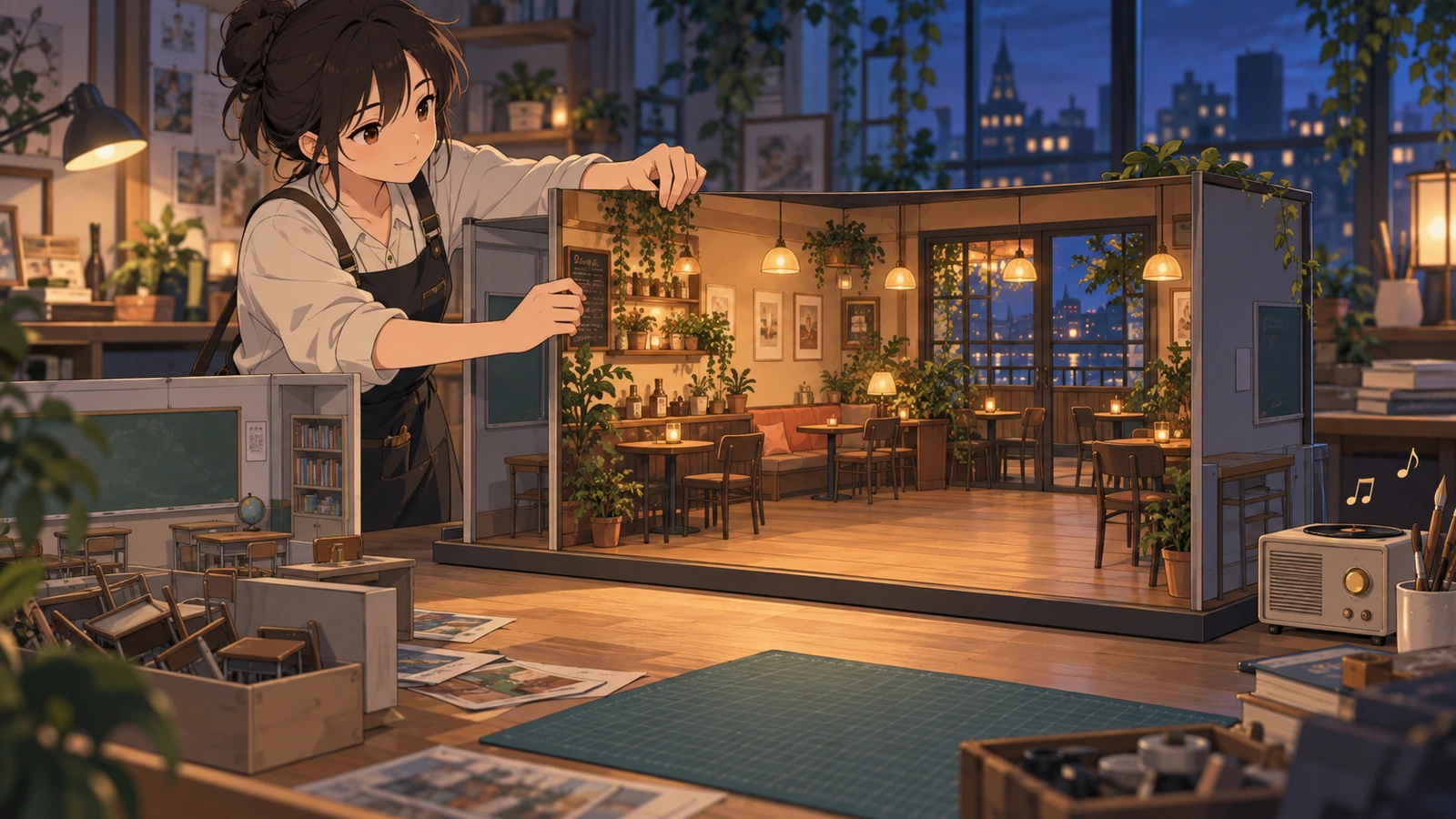 A creator replaces the entire setting while the previous stage has been cleared