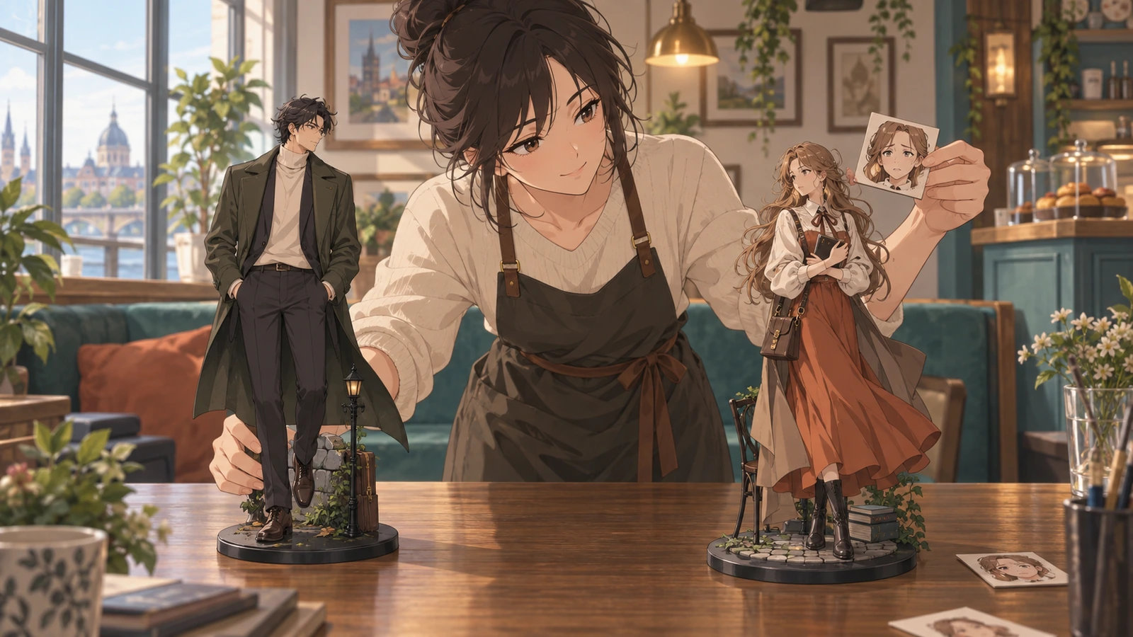 Two characters share one setting while one expression changes without replacing the background