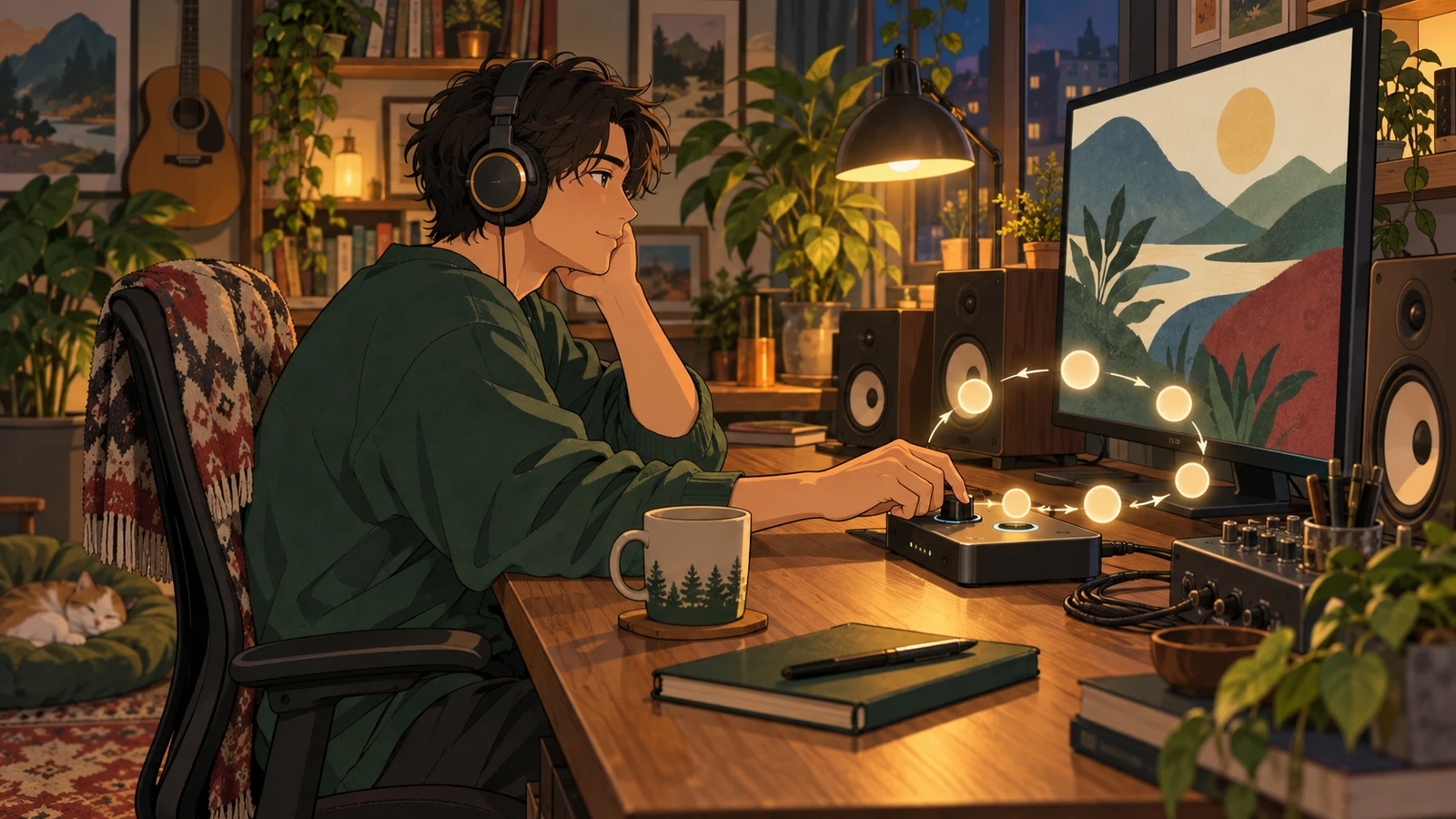 A creator listening through the title theme as it returns to the beginning