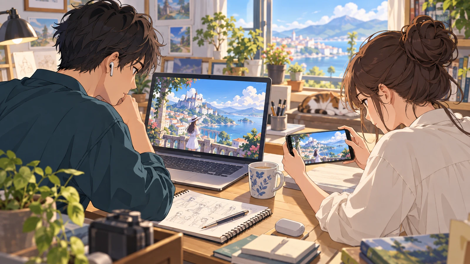 Two creators opening the same story entrance on a laptop and phone