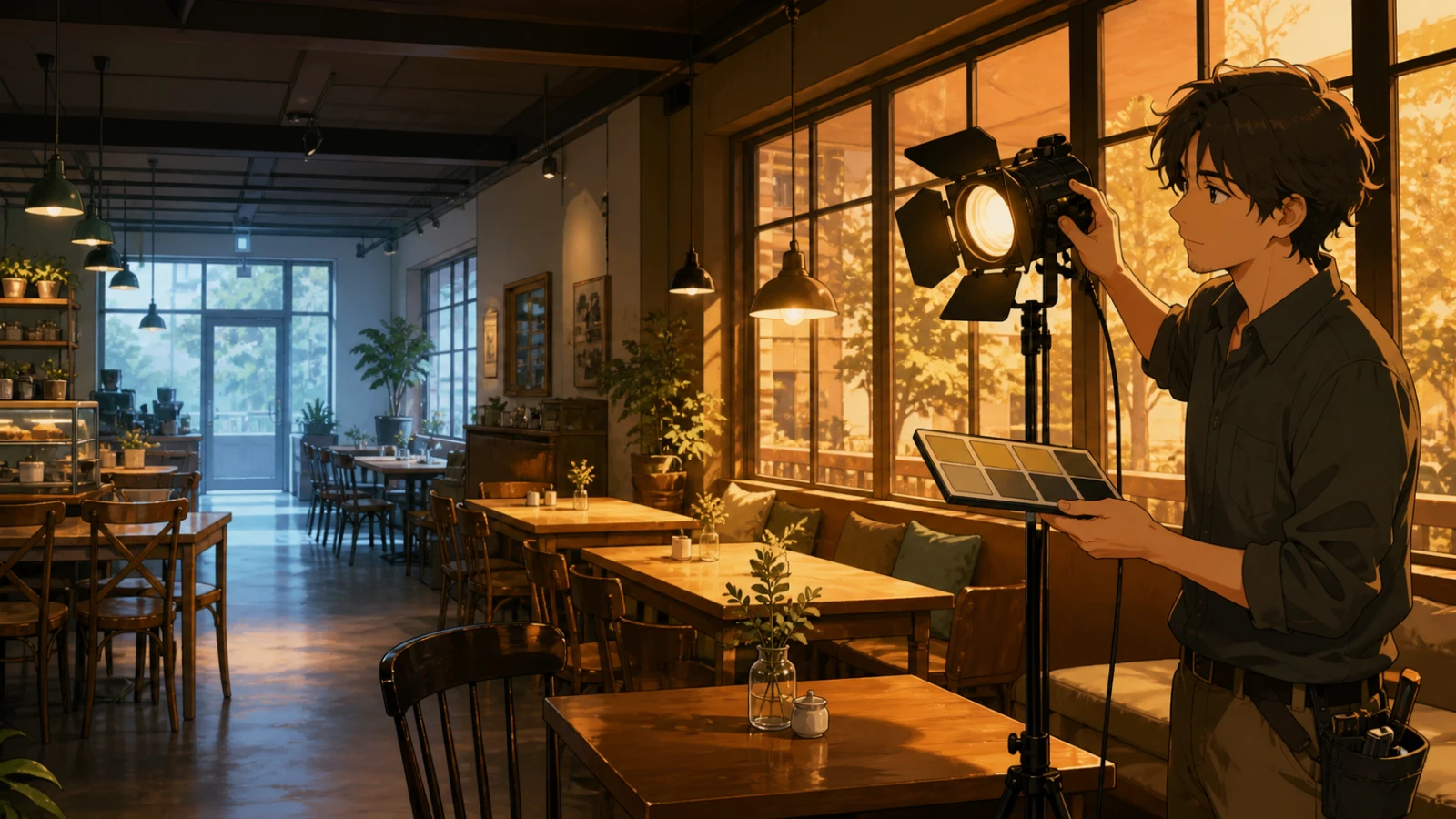 One cafe set changing naturally from daylight to evening under controlled lights