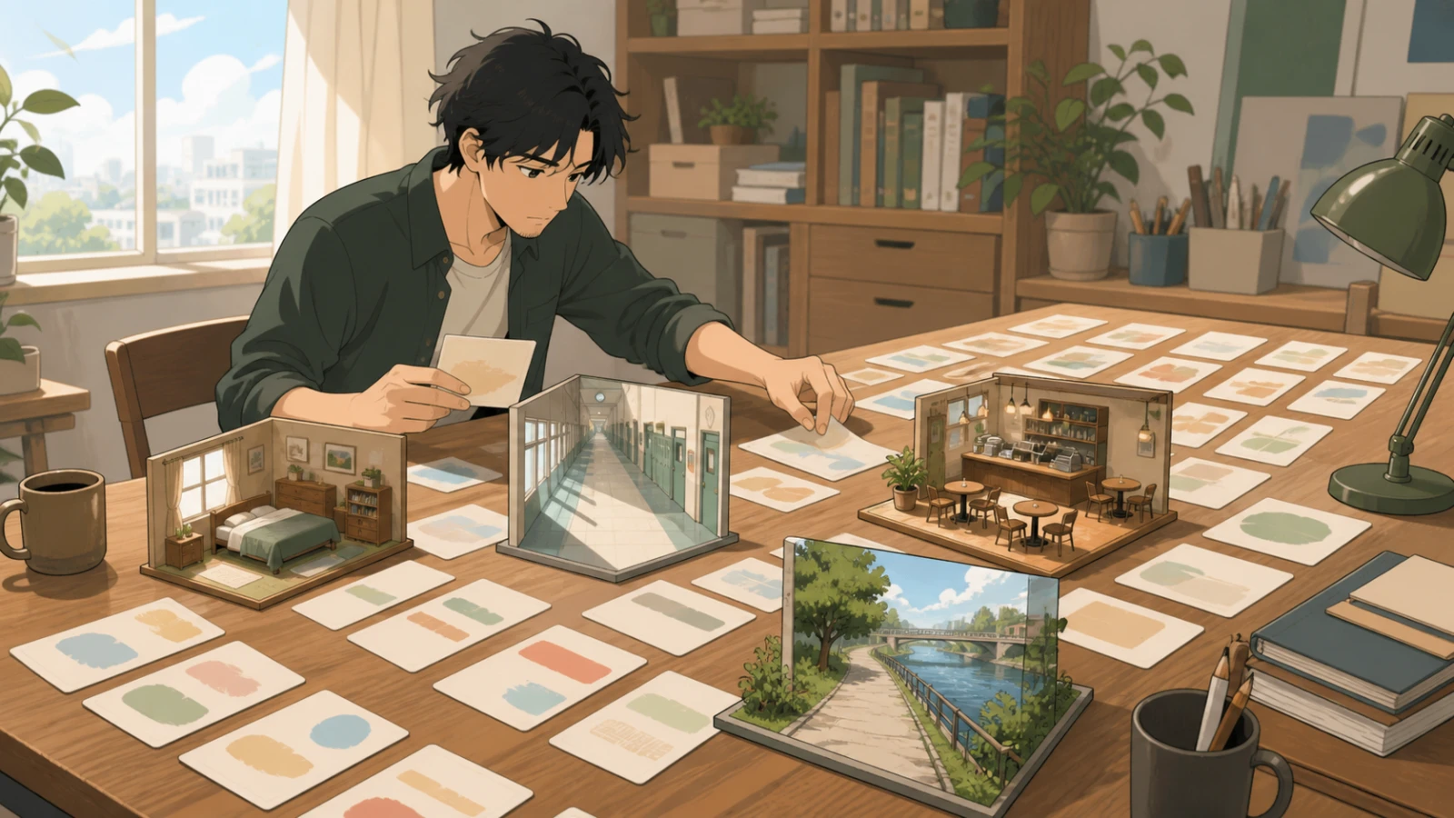 Scene cards gathering around a smaller set of physical locations