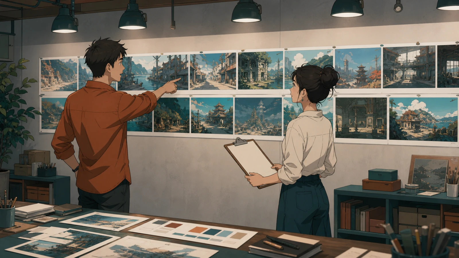 Two creators reviewing a coherent wall of environment thumbnails before production