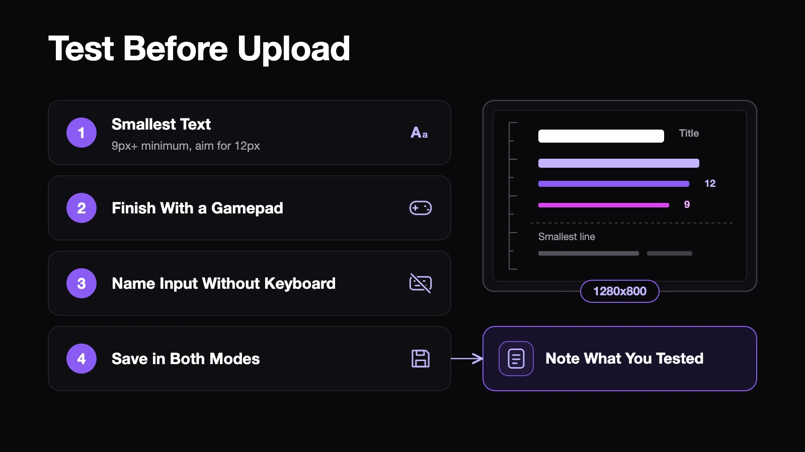 Four tests to run before uploading an itch.io build: text size, gamepad, name entry and saves