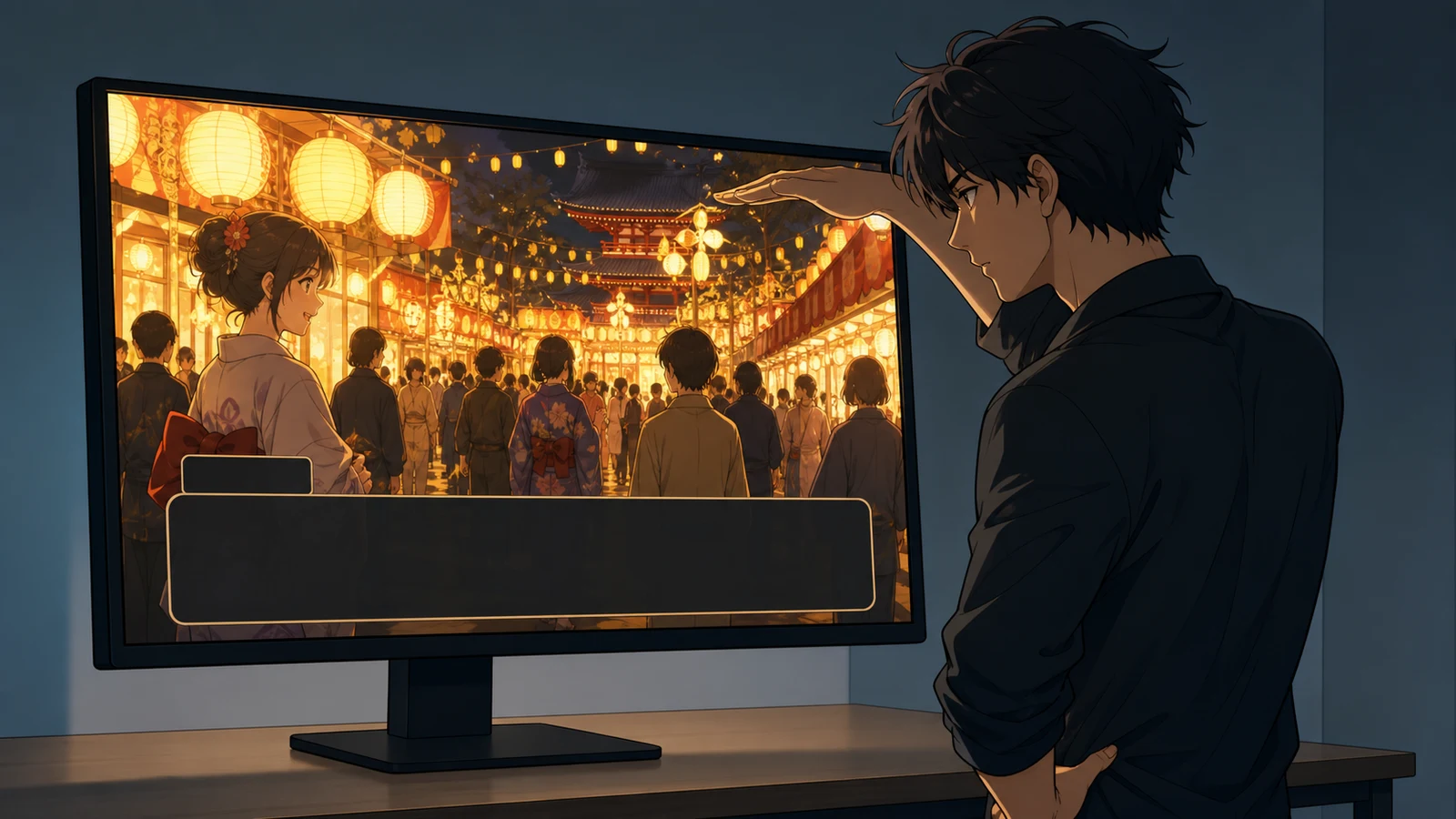 A creator checks a dialogue interface against a bright, busy scene