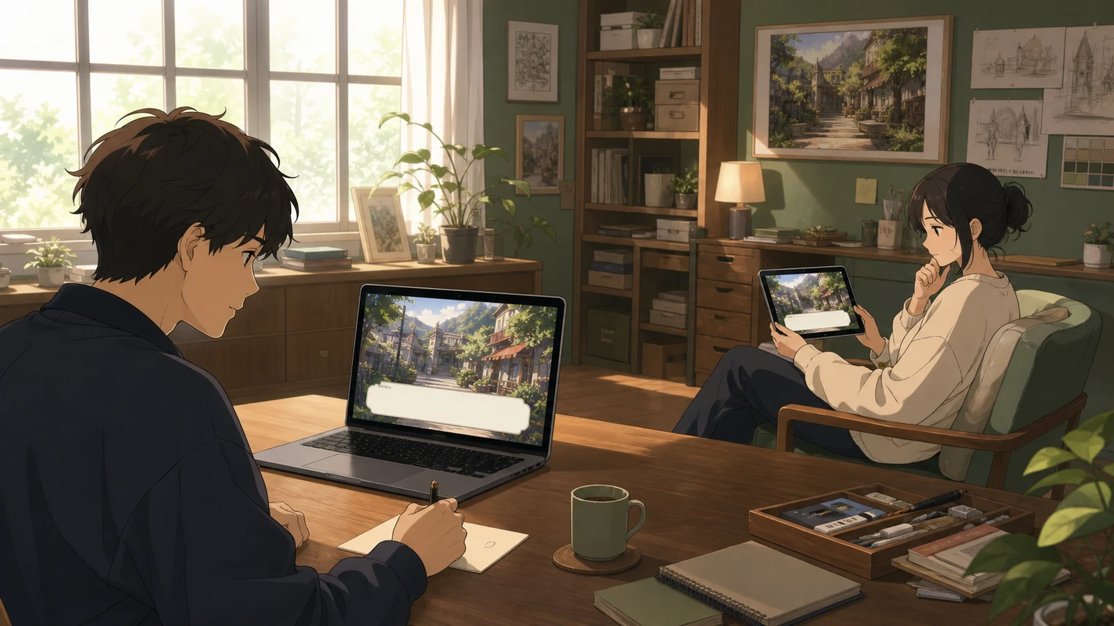 Two people compare the corrected scene on different screens and at a natural distance