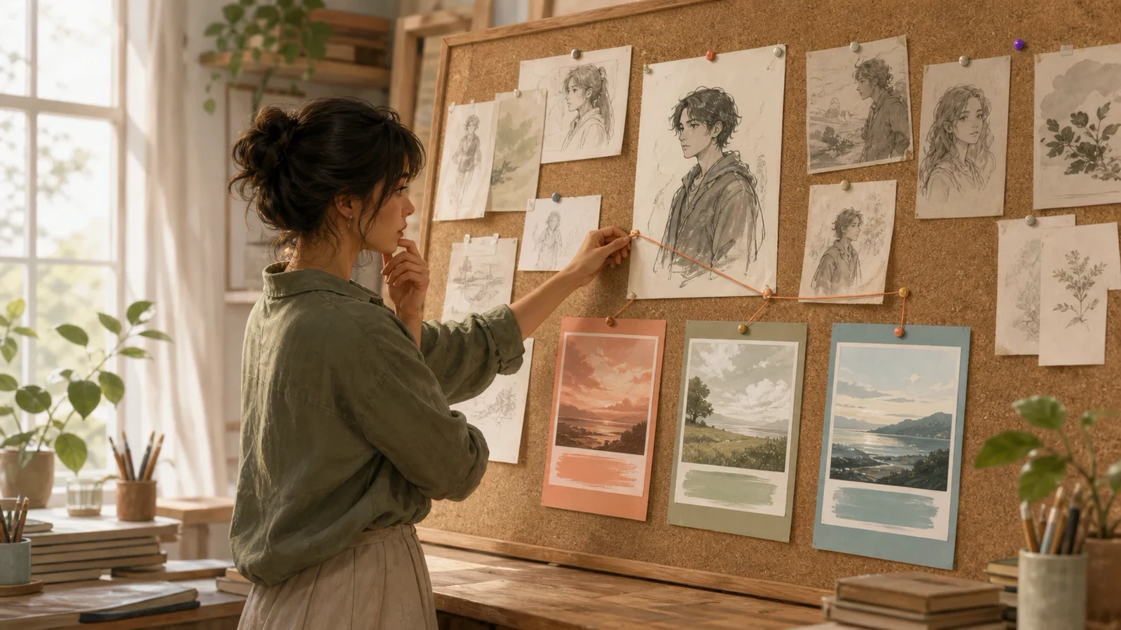 A creator connects a protagonist to possible emotional destinations on a corkboard.