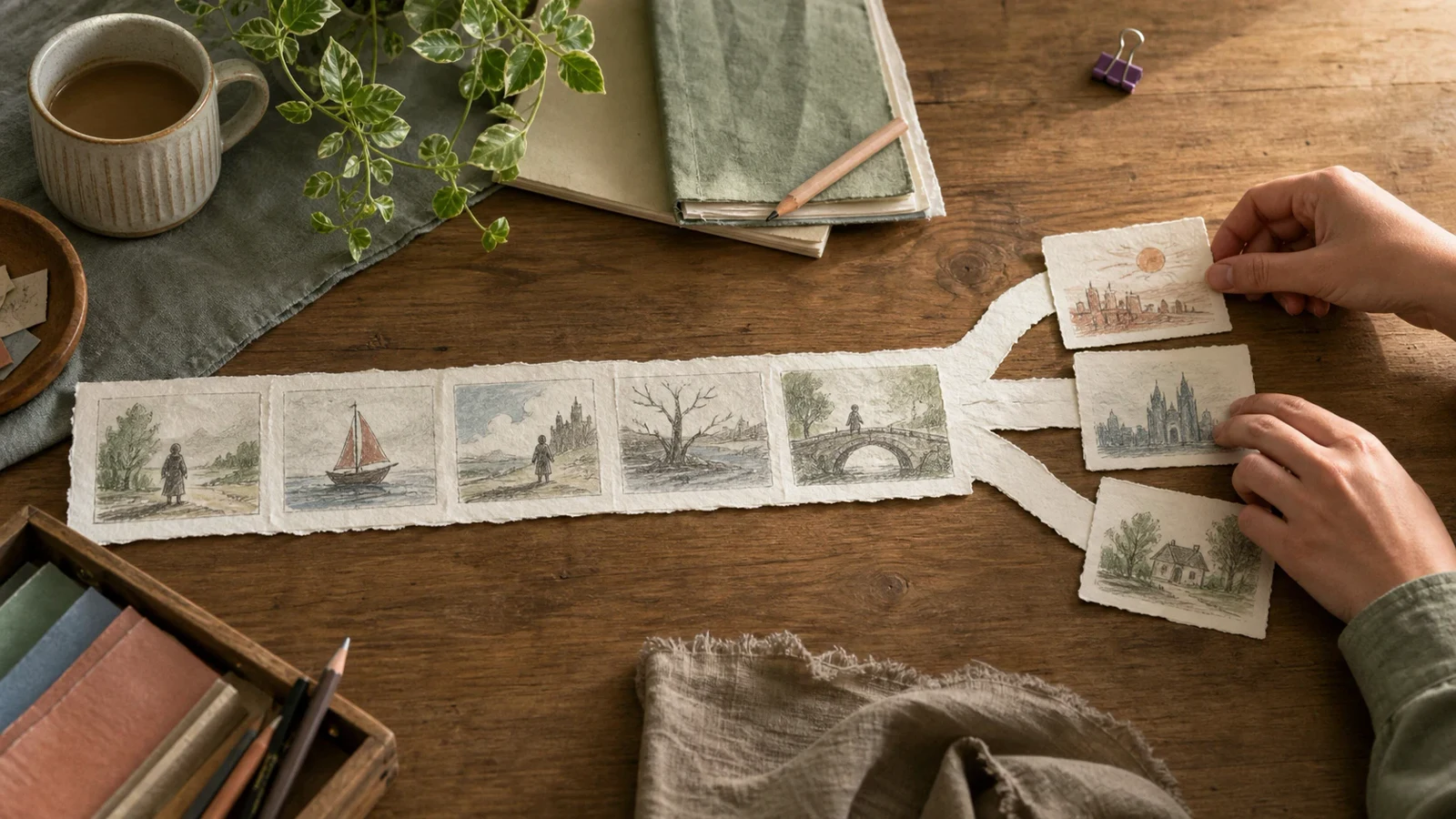 A handmade story path stays shared before branching into three final cards.