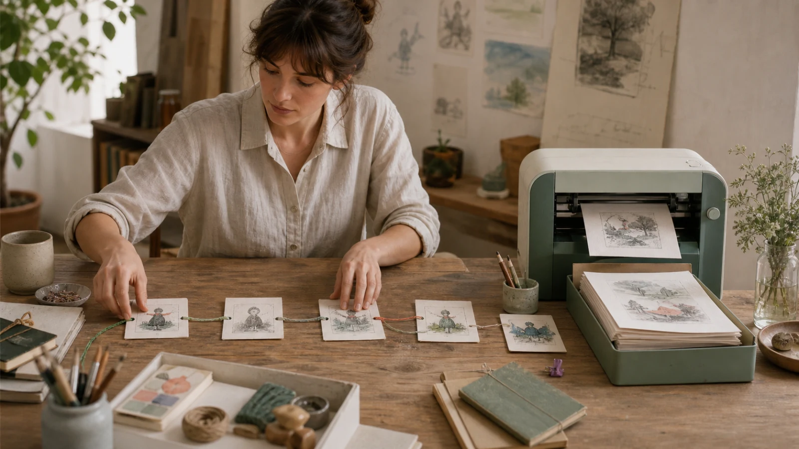 A creator keeps their hands on the story cards while a machine quietly prints finished pages beside them.