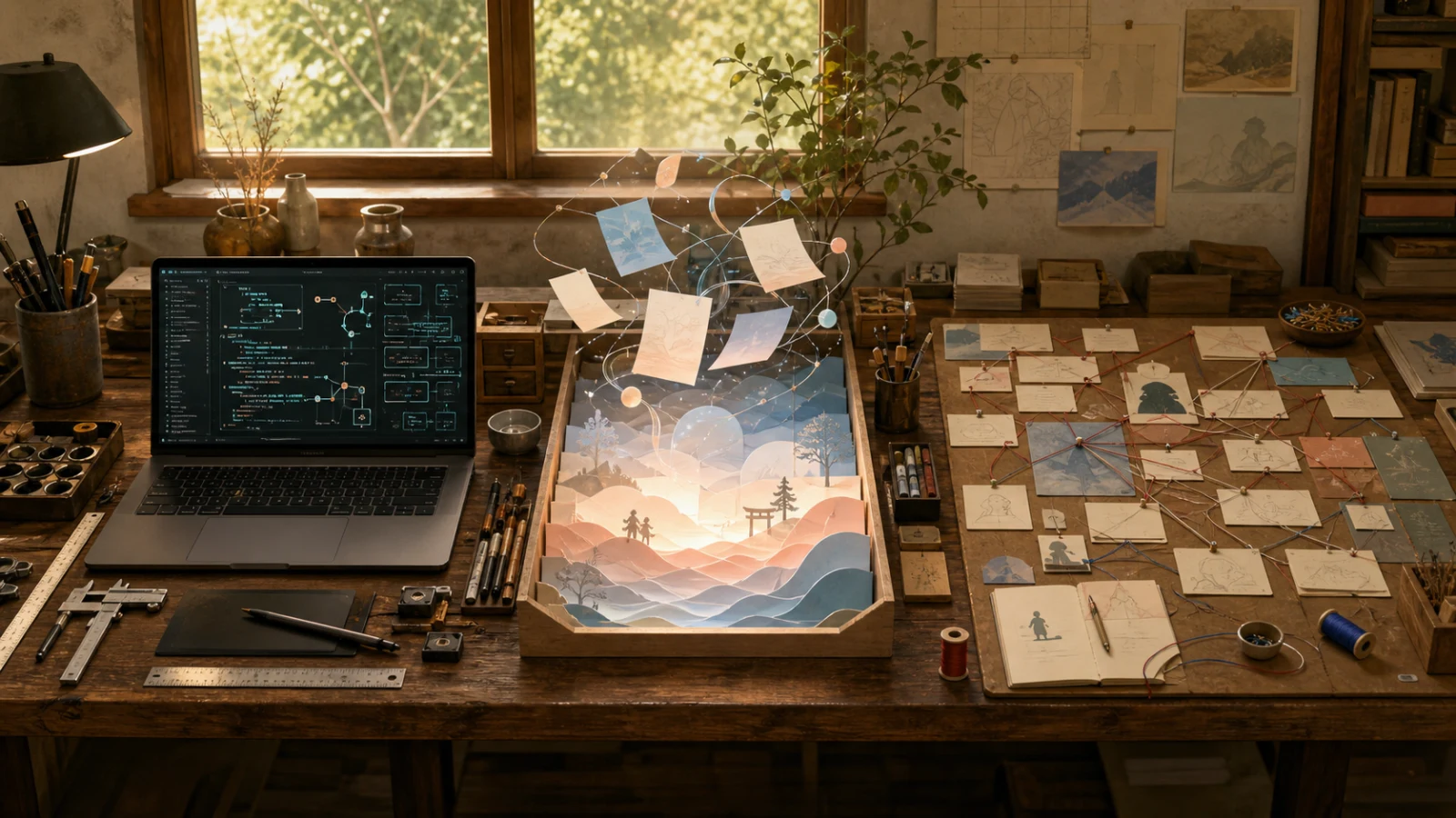 Three creative workbenches on one desk representing engine, auto-generation, and hand-structuring approaches.