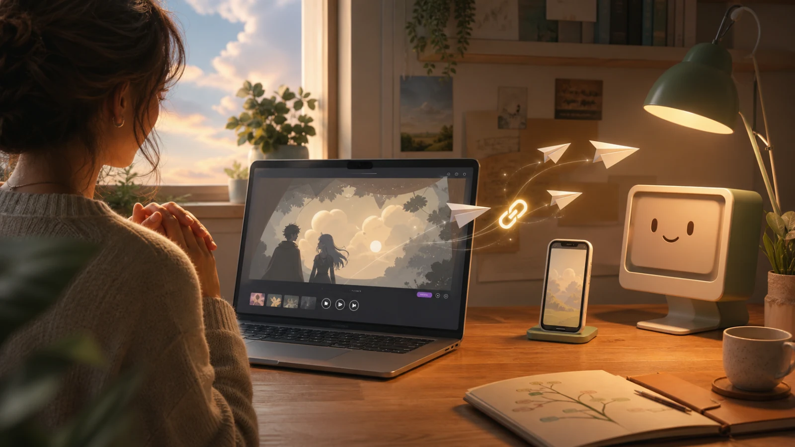 A creator previews a branching story in a browser, then sends it out to play and to a desktop build.