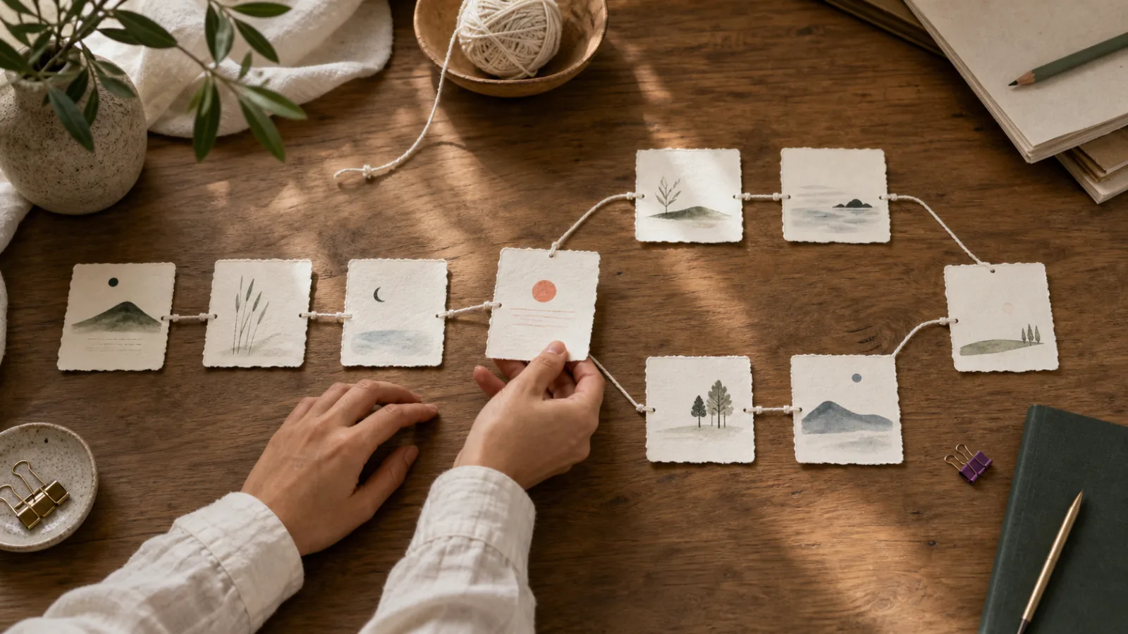 Hands arranging story cards where one path splits into two branches and rejoins, a small choose-your-path map.