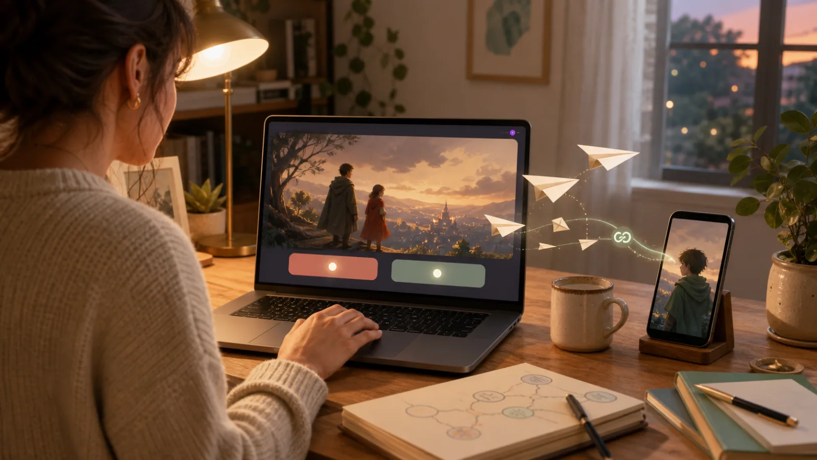 A creator previews a branching story in a browser and sends it out so friends can play it.