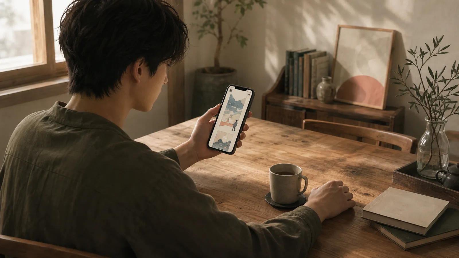 A reader watches a long vertical webtoon scroll past on a phone, unable to touch the story.