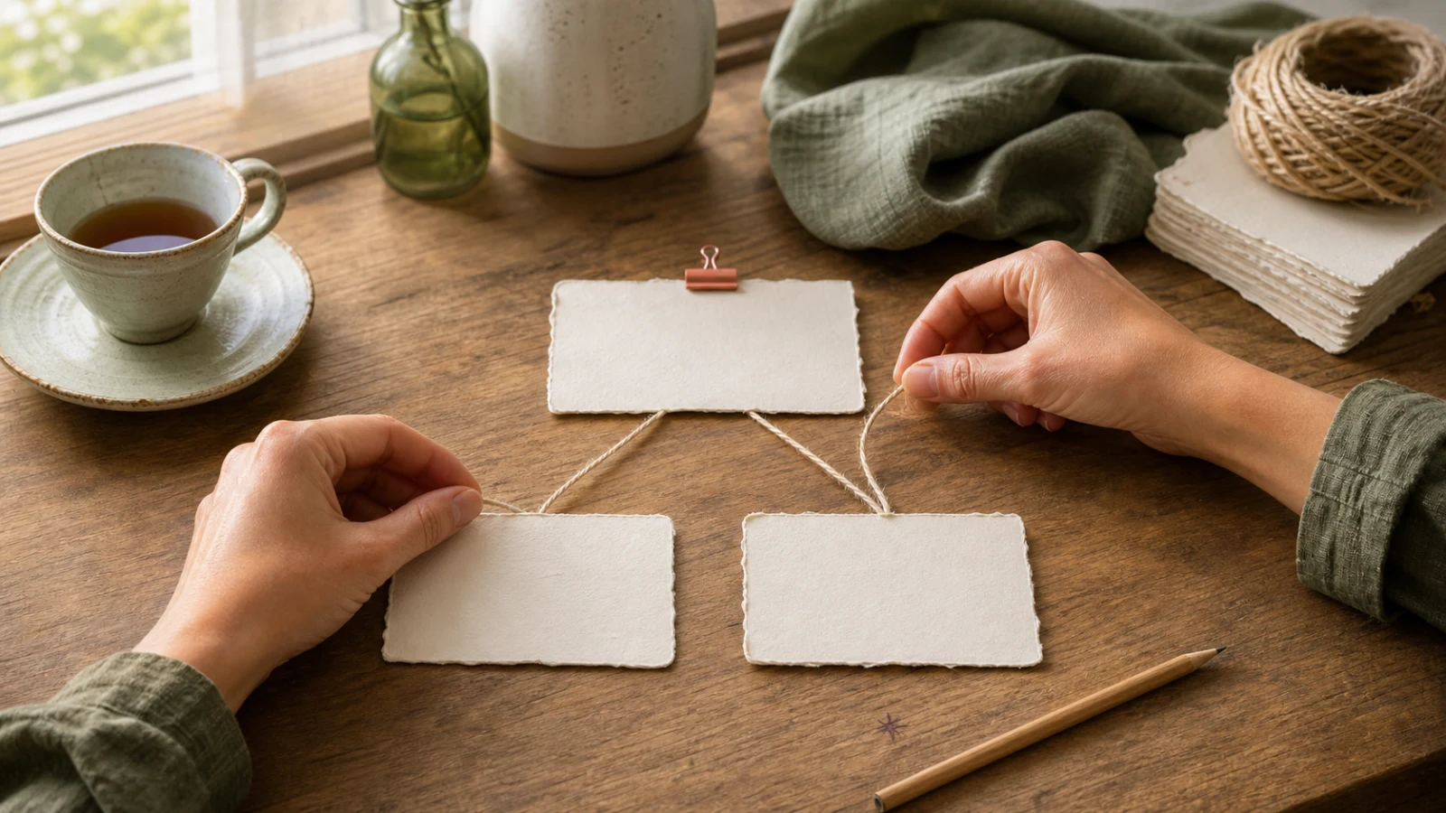 Two hands create the first simple branch of an interactive story with paper cards and thread.