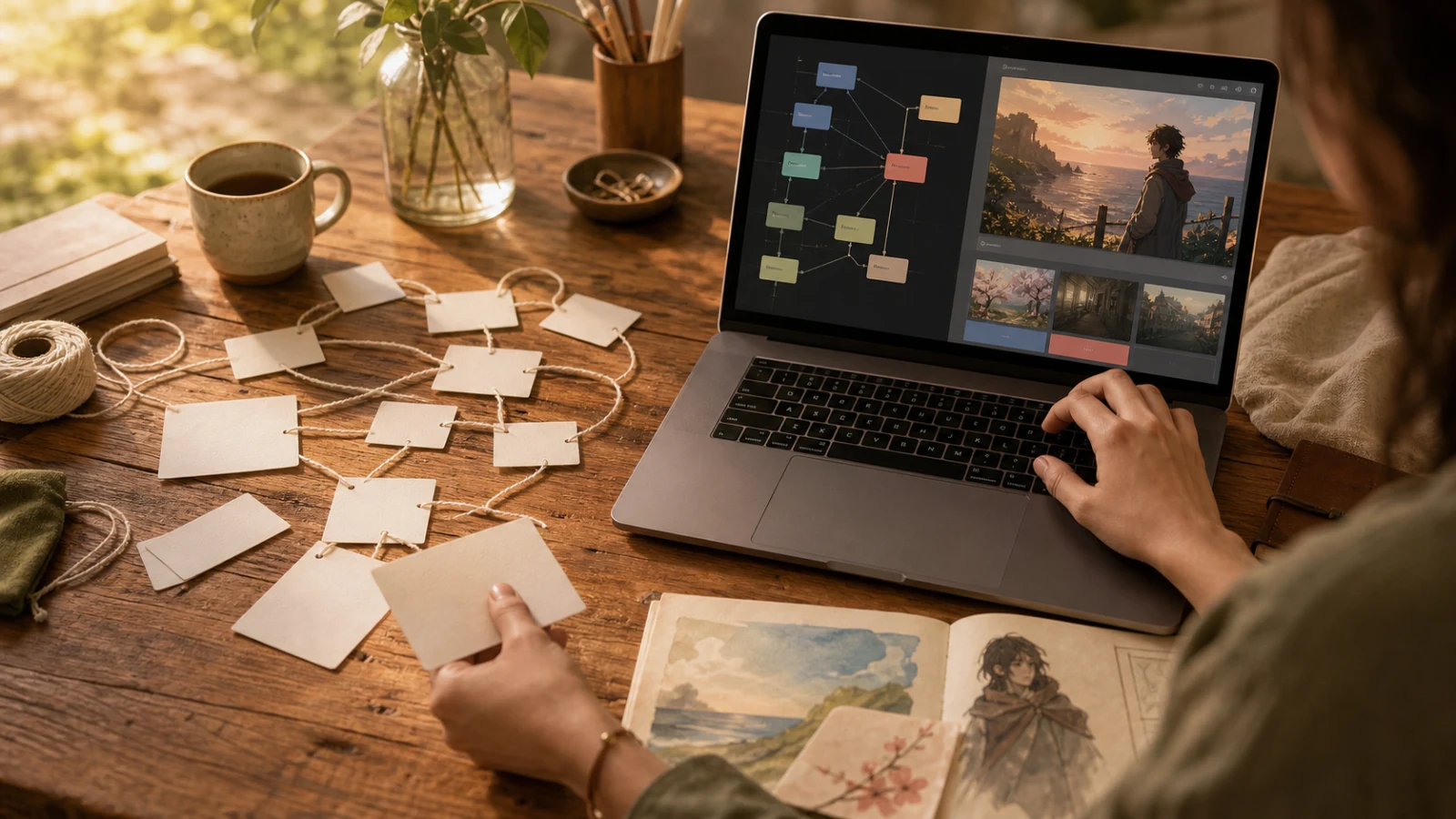 A small paper prototype naturally grows into a visual node flow and playable browser preview.