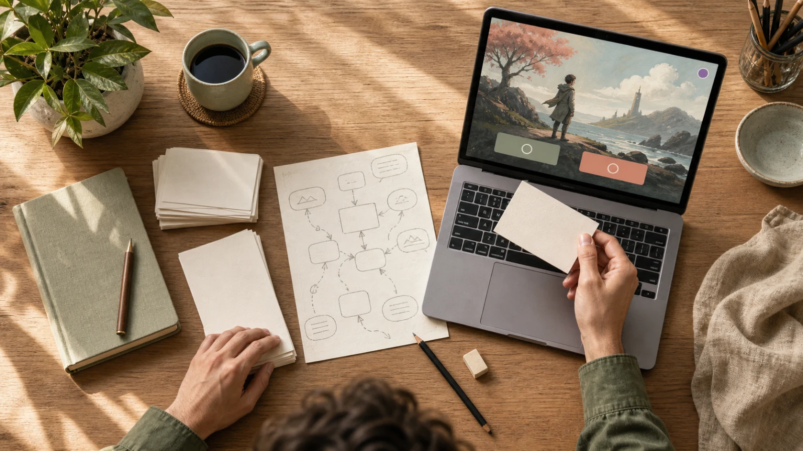 A creator chooses among text cards, a flow map, and a visual story preview on one continuous desk.