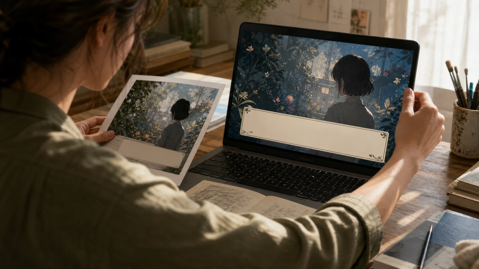 A clear visual novel dialogue area is reviewed beside a printed page.