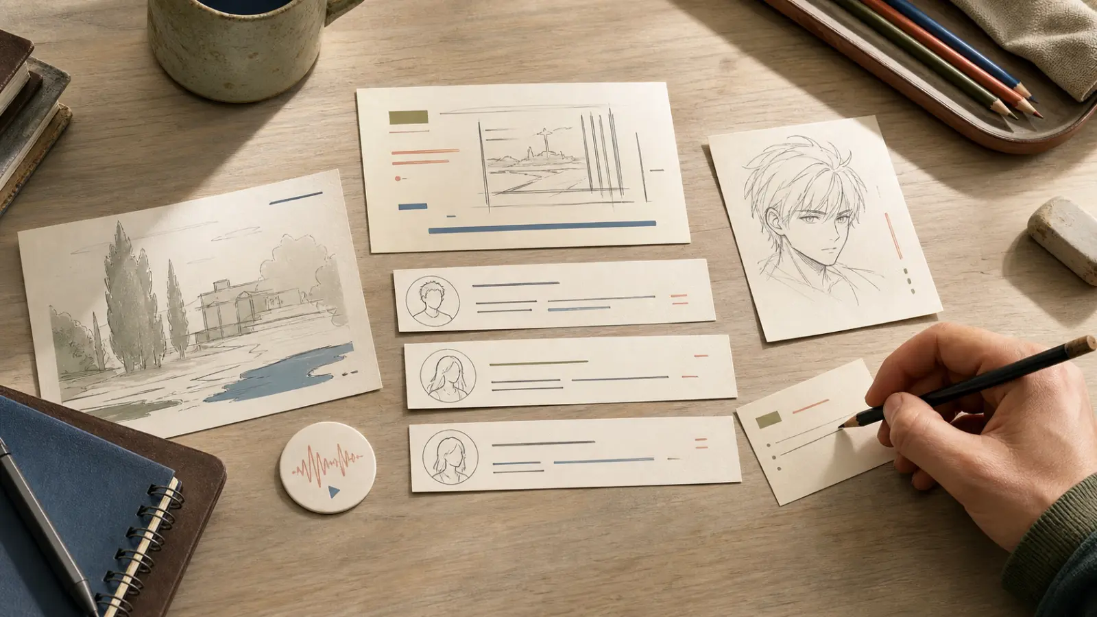 A production-ready visual-novel scene is arranged from header, dialogue, expression, background, and audio cues.