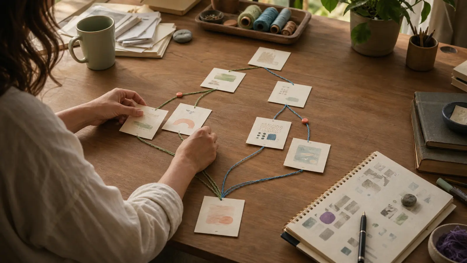 Choice cards divide into two clear paths and reconnect at a shared later scene.