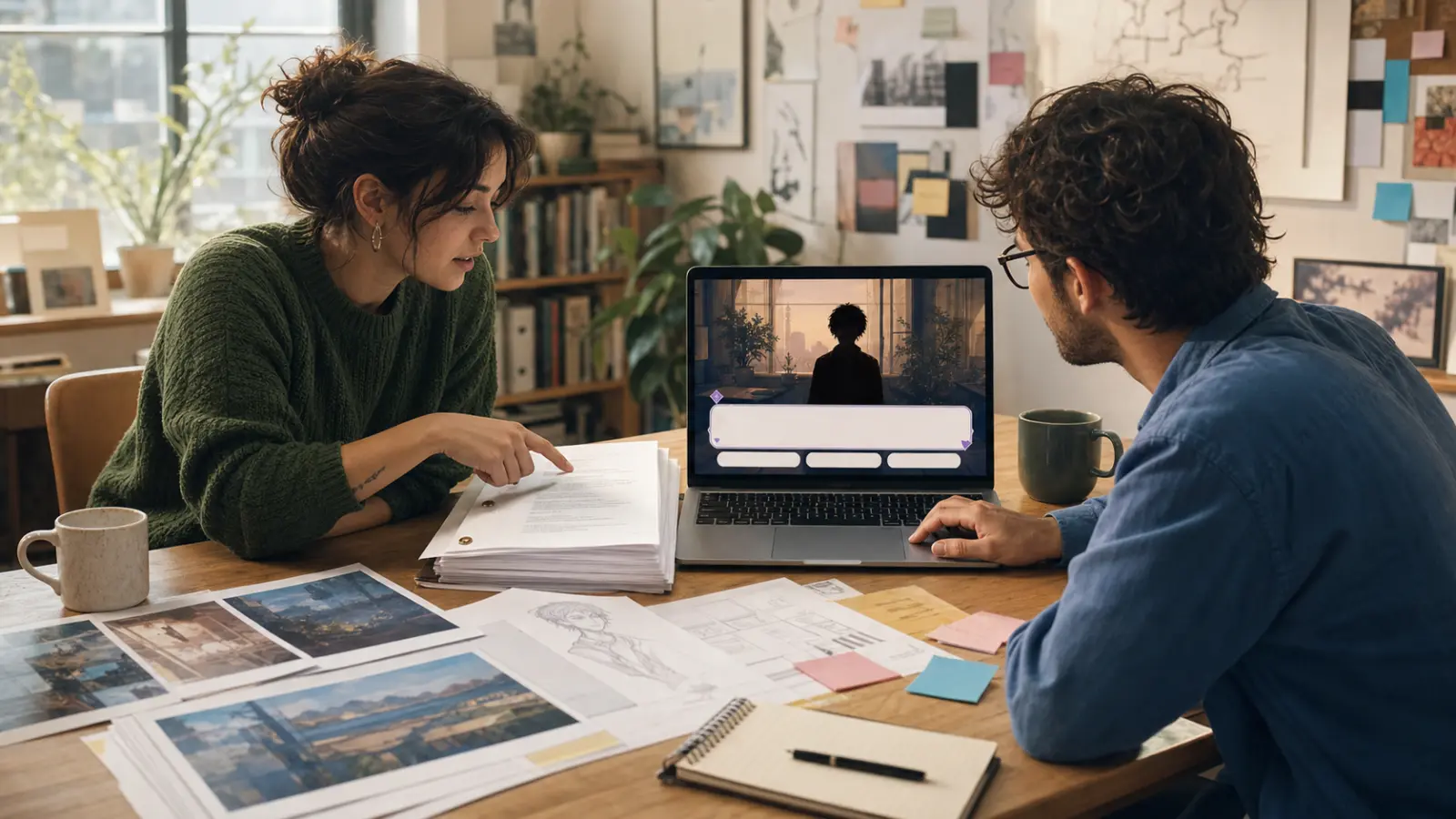 A writer and designer review a clean script while testing the corresponding visual-novel scene.