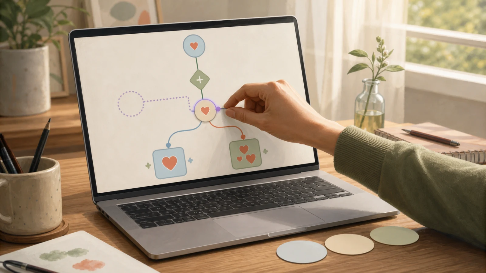 A visual node flow connects relationship choices to two condition-based endings.