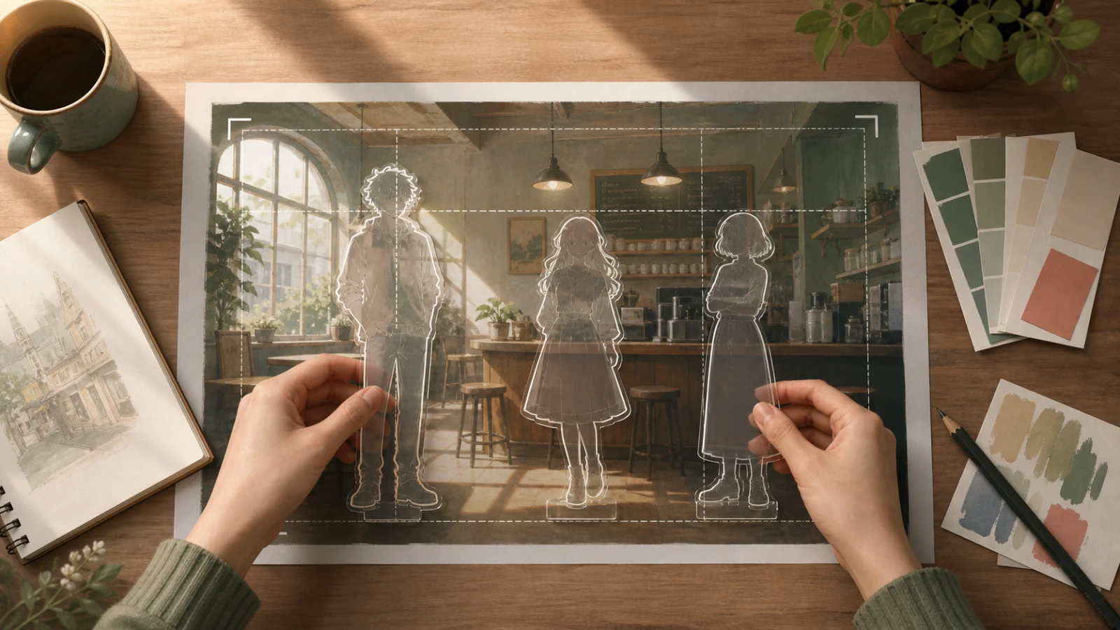A creator establishes one visual coordinate system before fitting backgrounds and character assets into it.