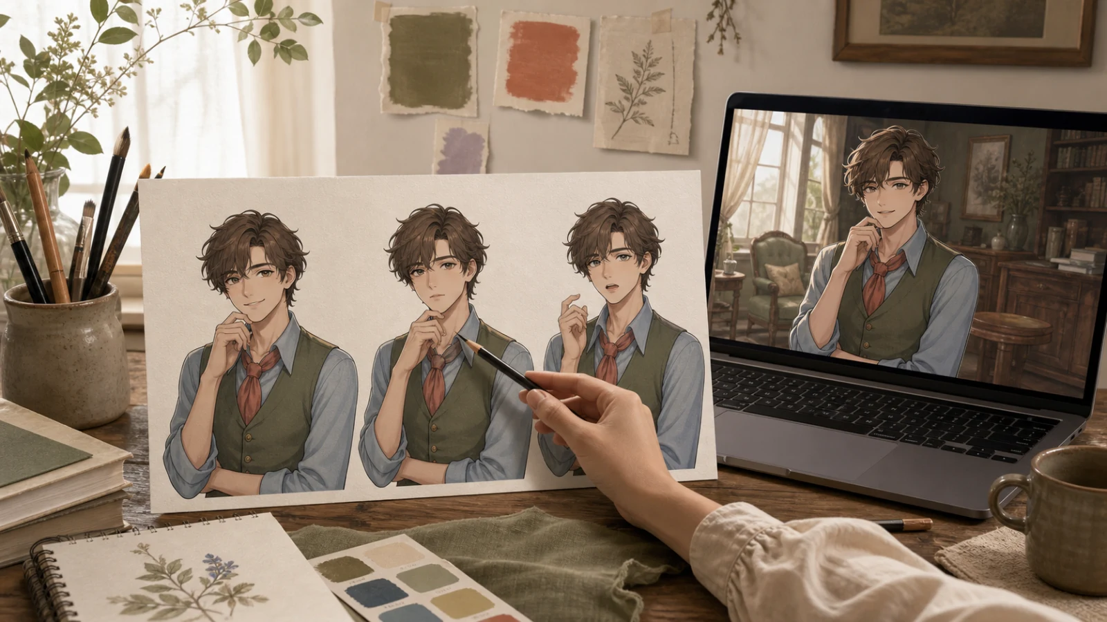 A creator prepares one consistent waist-up sprite family with expression changes and generous transparent margins.