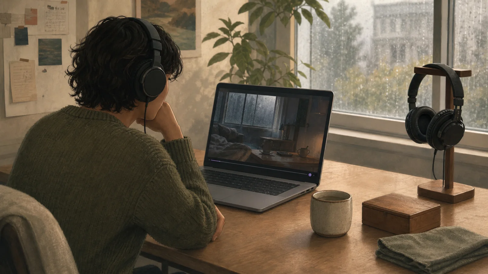 A creator listens to a restrained rainy-room scene and keeps only the sounds that clarify the moment.
