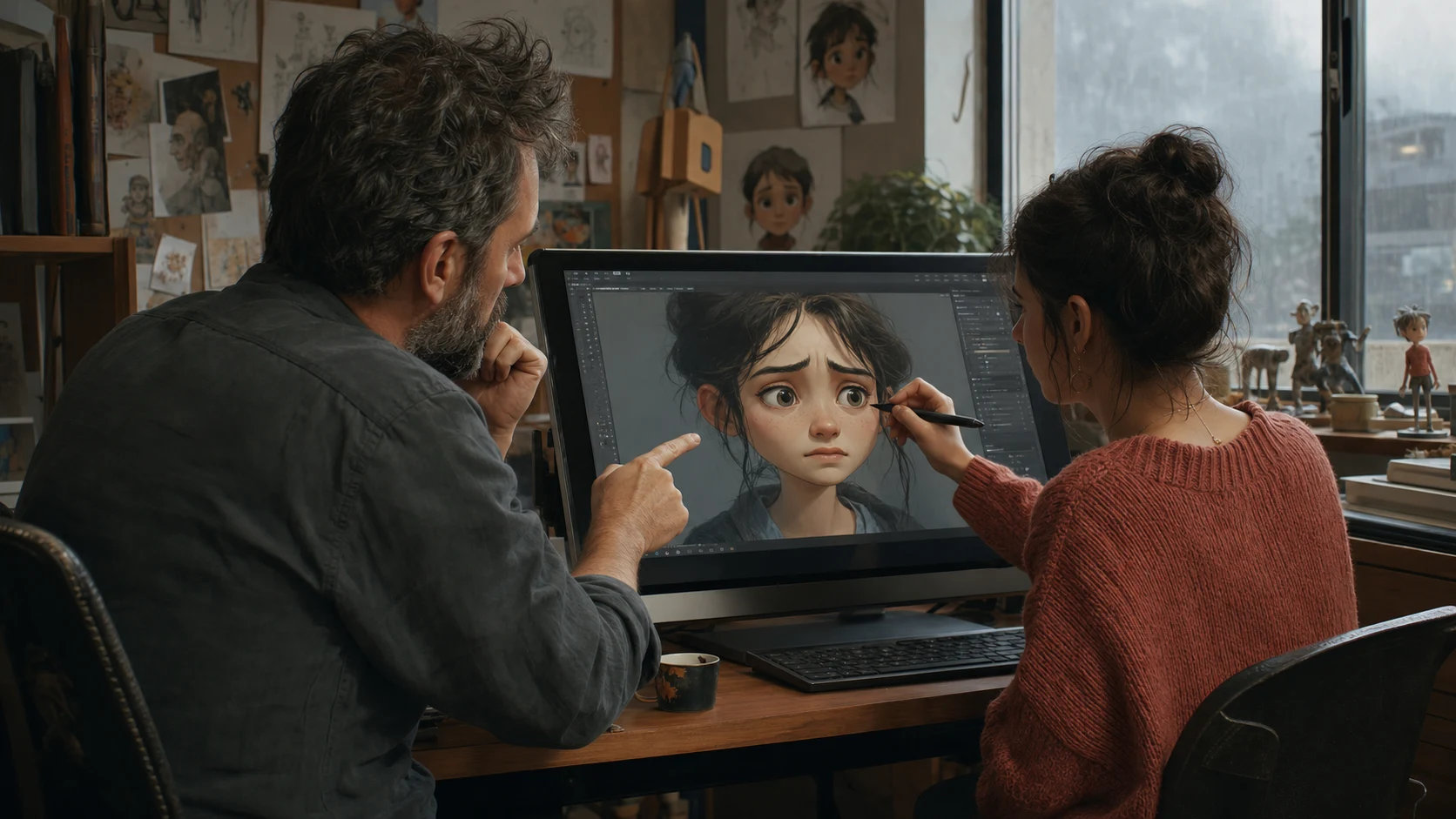 Creators reviewing the intensity of a character expression