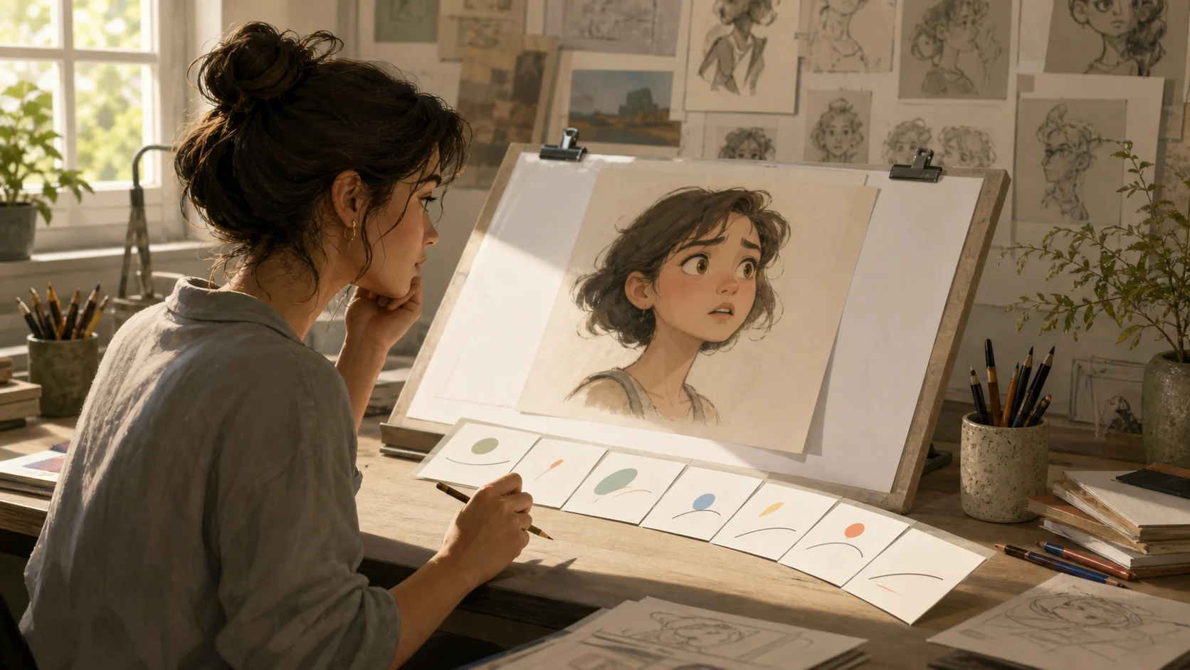 Character artist selecting expressions from story beats
