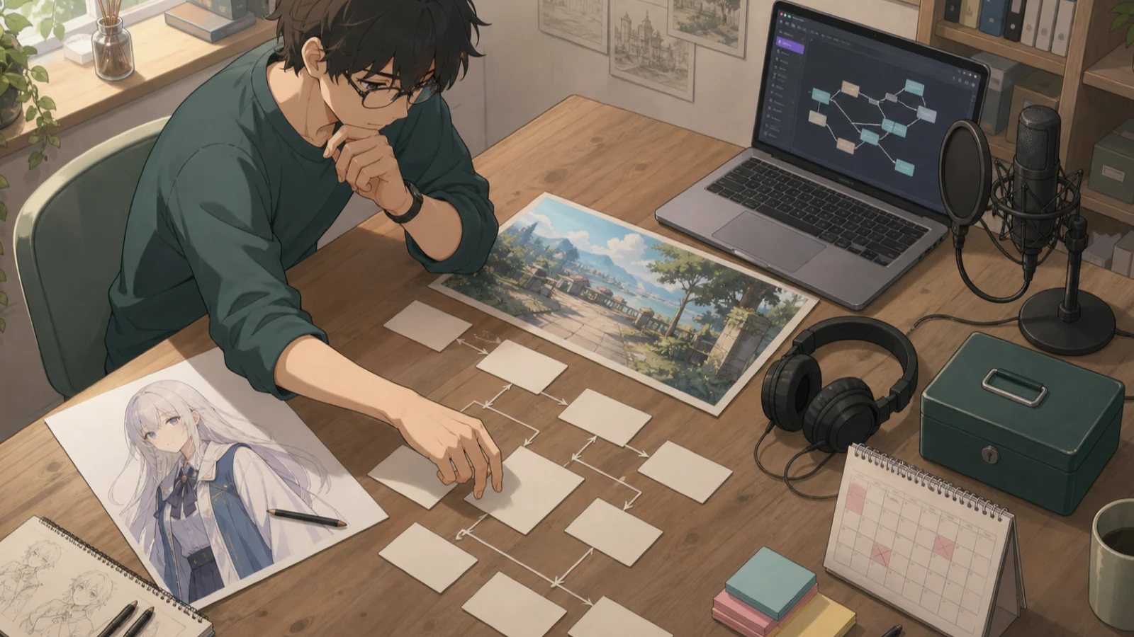 A creator maps writing, art, audio, implementation, and testing as parts of one production plan.