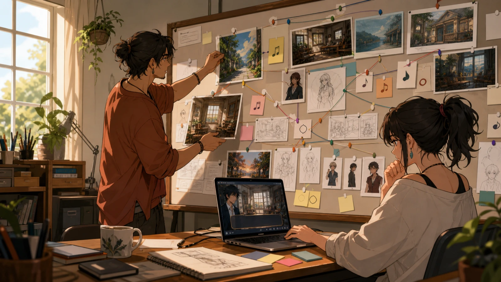 Two creators adjust art, audio, implementation, and review dependencies around a playable scene.